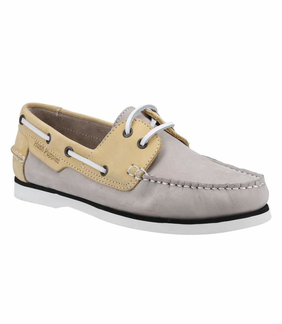 * Pertemba Closeout Sale Hush Puppies Womens/Ladies Hattie Nubuck Boat Shoes (Gray/Yellow) Utfs9719 New