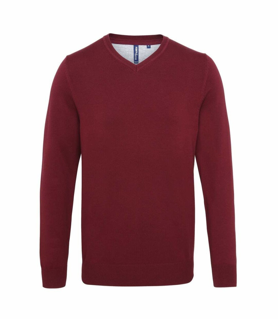 * Pertemba Crazy Deals Asquith & Fox Mens Cotton Rich V-Neck Sweater (Burgundy) Utrw5188 Clearance