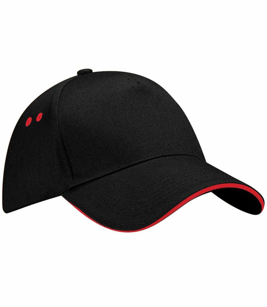 * Pertemba Crazy Deals Beechfield Uni Ultimate 5 Panel Contrast Baseball Cap With Sandwich Peak / Headwear (Pack Of 2) (Black/Classic Red) Utrw6700 Wholesale