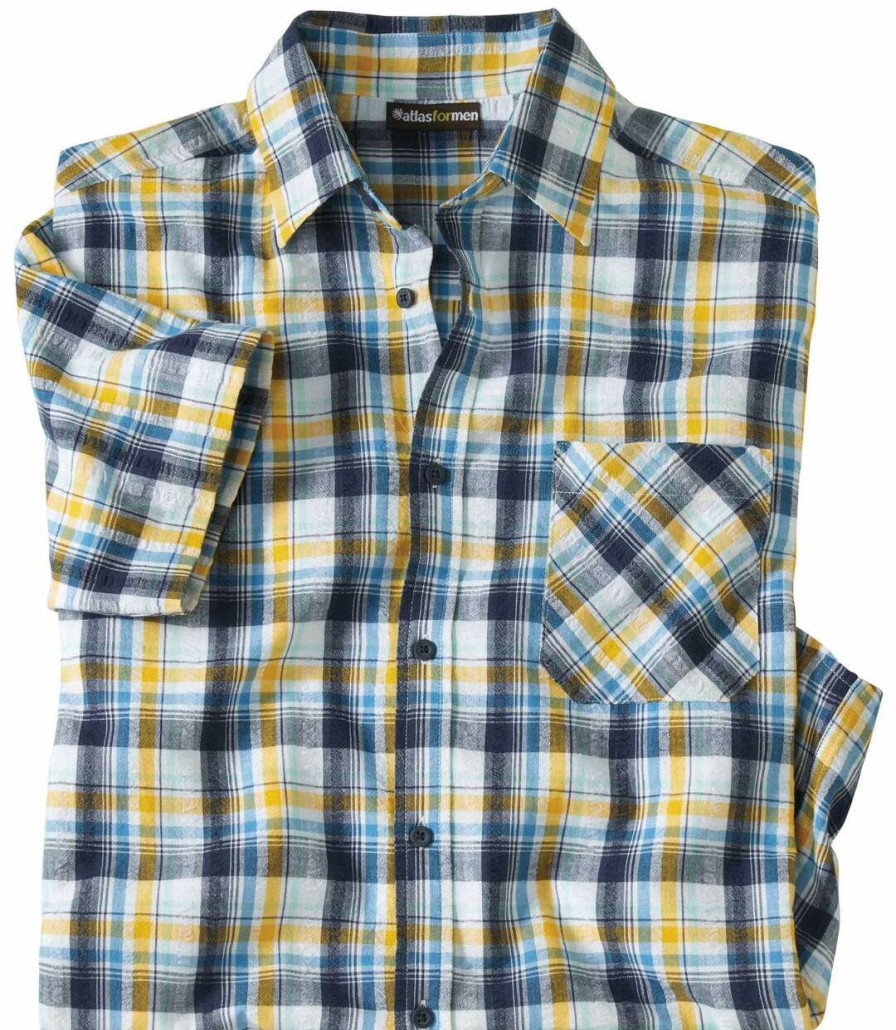 * Atlas For Men Opening Sales Men'S Seersucker Checked Shirt White Blue Navy Ochre Online