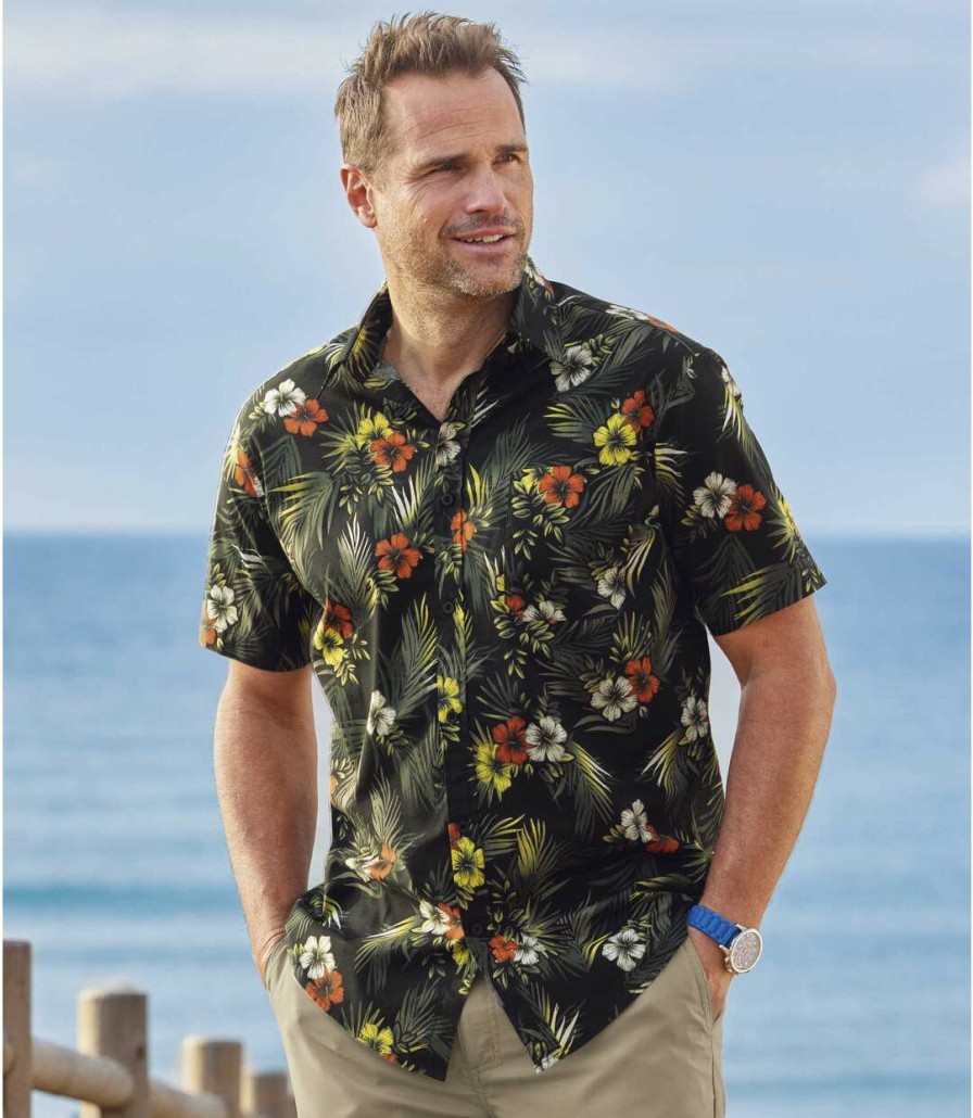 * Atlas For Men Attractive Men'S Black Tropical Print Shirt Best