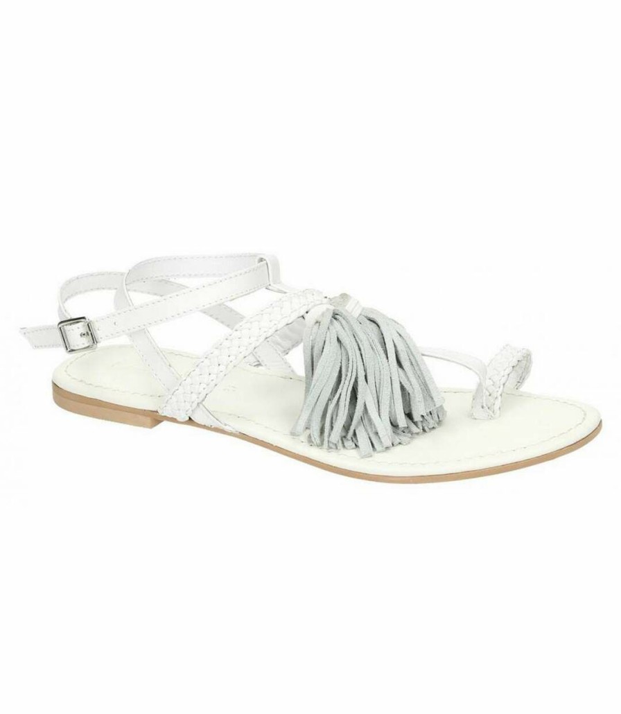 * Pertemba Clearance Leather Collection Womens/Ladies Flat Toe Loop Sandals With Decorative Tassels (White) Utkm436 Hot