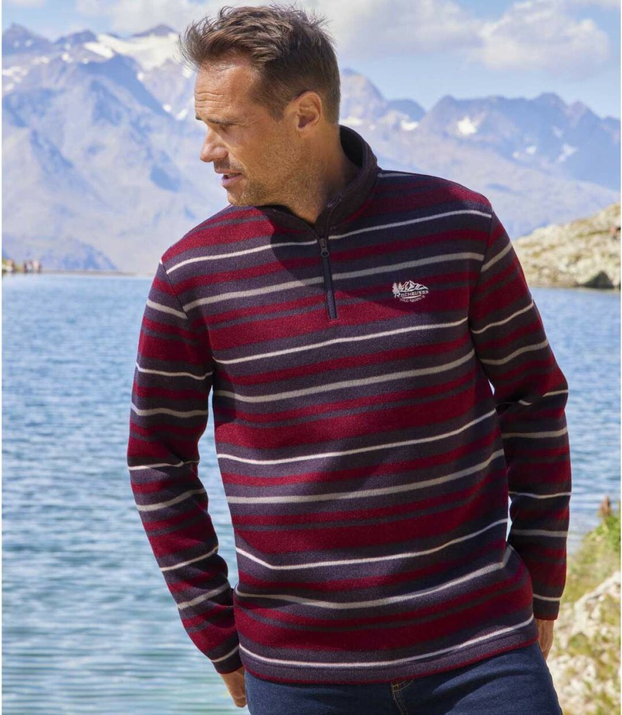 * Atlas For Men Opening Sales Men'S Striped Brushed Fleece Jumper Burgundy Wholesale