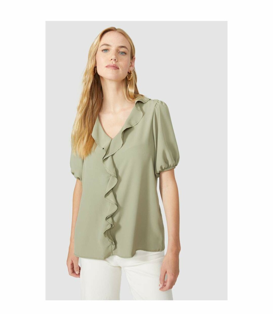 * Pertemba Opening Sales Principles Womens/Ladies Ruffled Short-Sleeved Blouse (Khaki) Utdh4142 Hot