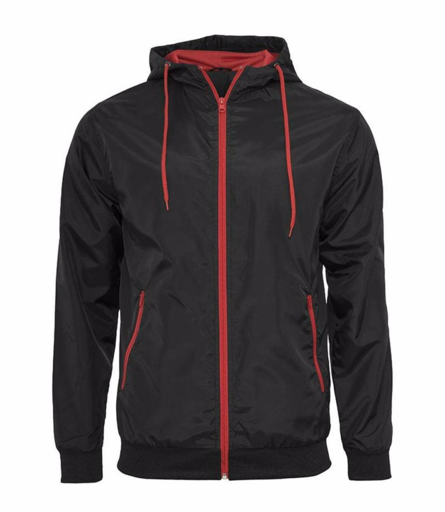 * Pertemba Crazy Deals Build Your Brand Mens Zip Up Wind Runner Jacket (Black/Red) Utrw5676 Online