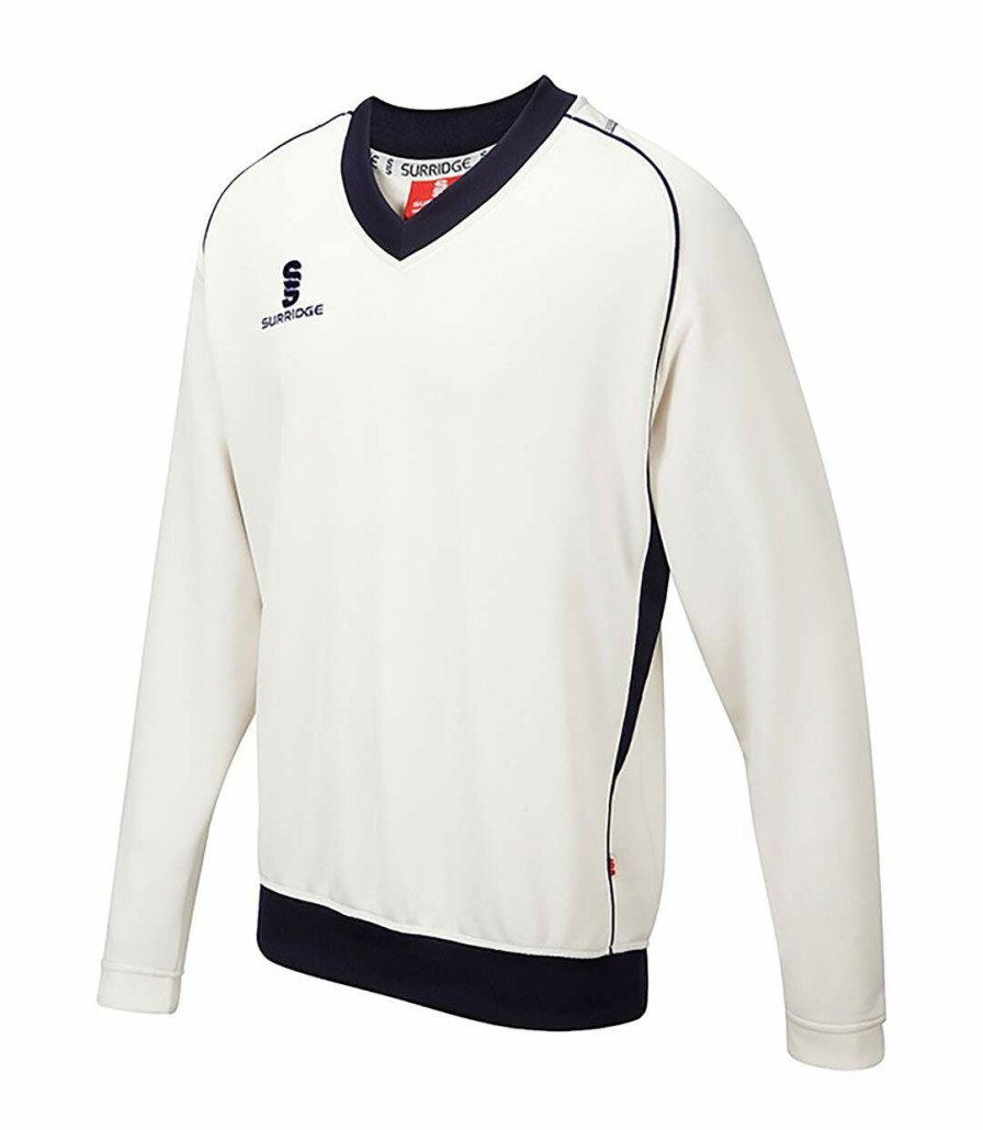 * Pertemba Popular Surridge Mens Fleece Lined Sweater / Sports / Cricket (White/ Navy Trim) Utrw2866 Hot