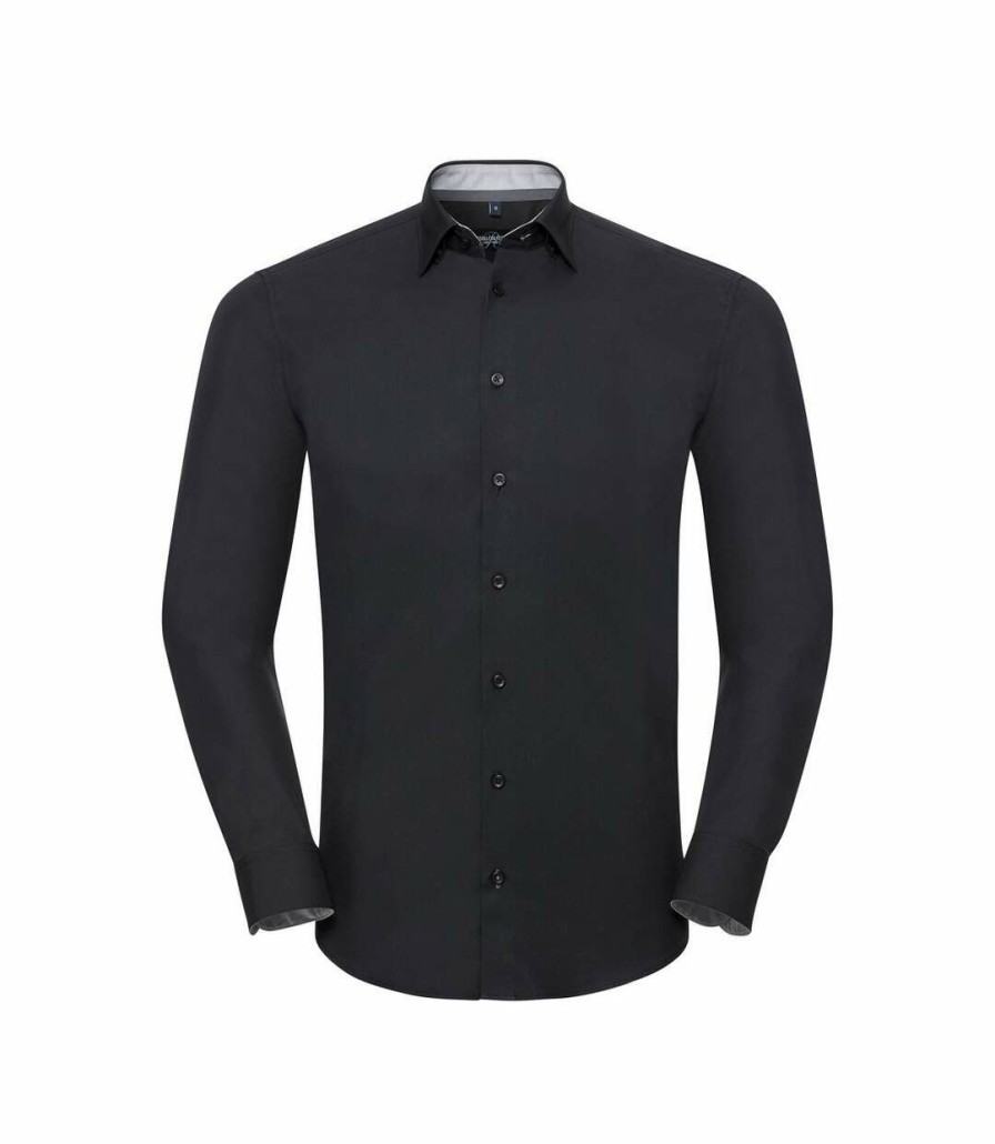 * Pertemba Good Quality Russell Collection Mens Long Sleeve Contrast Ultimate Stretch Shirt (Black/Oxford Gray) Utpc3683 Hot