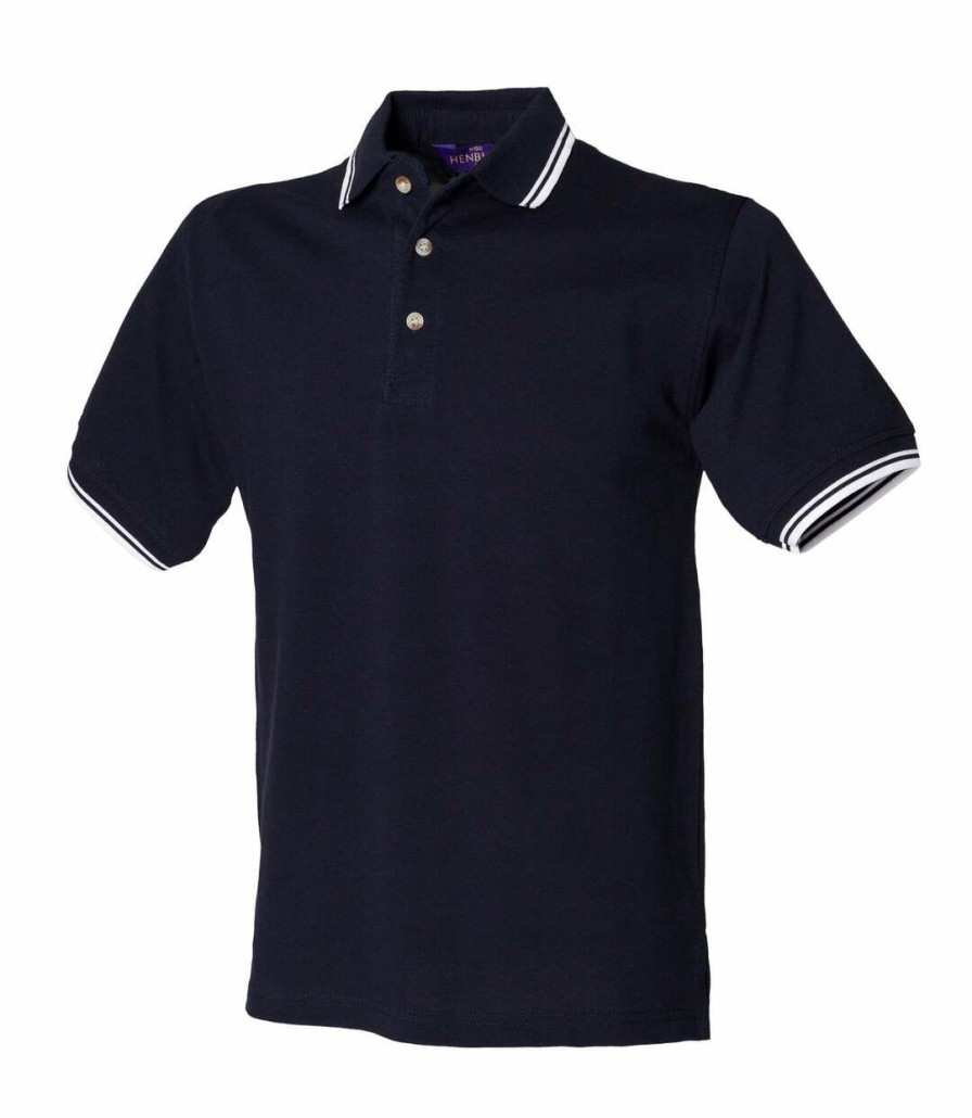 * Pertemba Closeout Sale Henbury Mens Classic Tipped Collar & Cuff Polo Shirt (Navy White Tipping) Utrw620 New