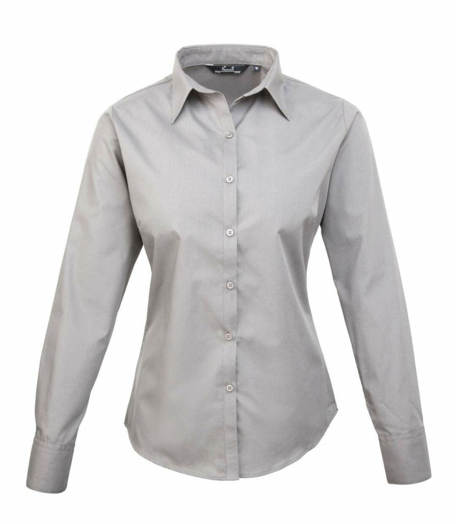 * Pertemba Sale Online Premier Womens/Ladies Poplin Long Sleeve Blouse / Plain Work Shirt (Silver) Utrw1090 Best