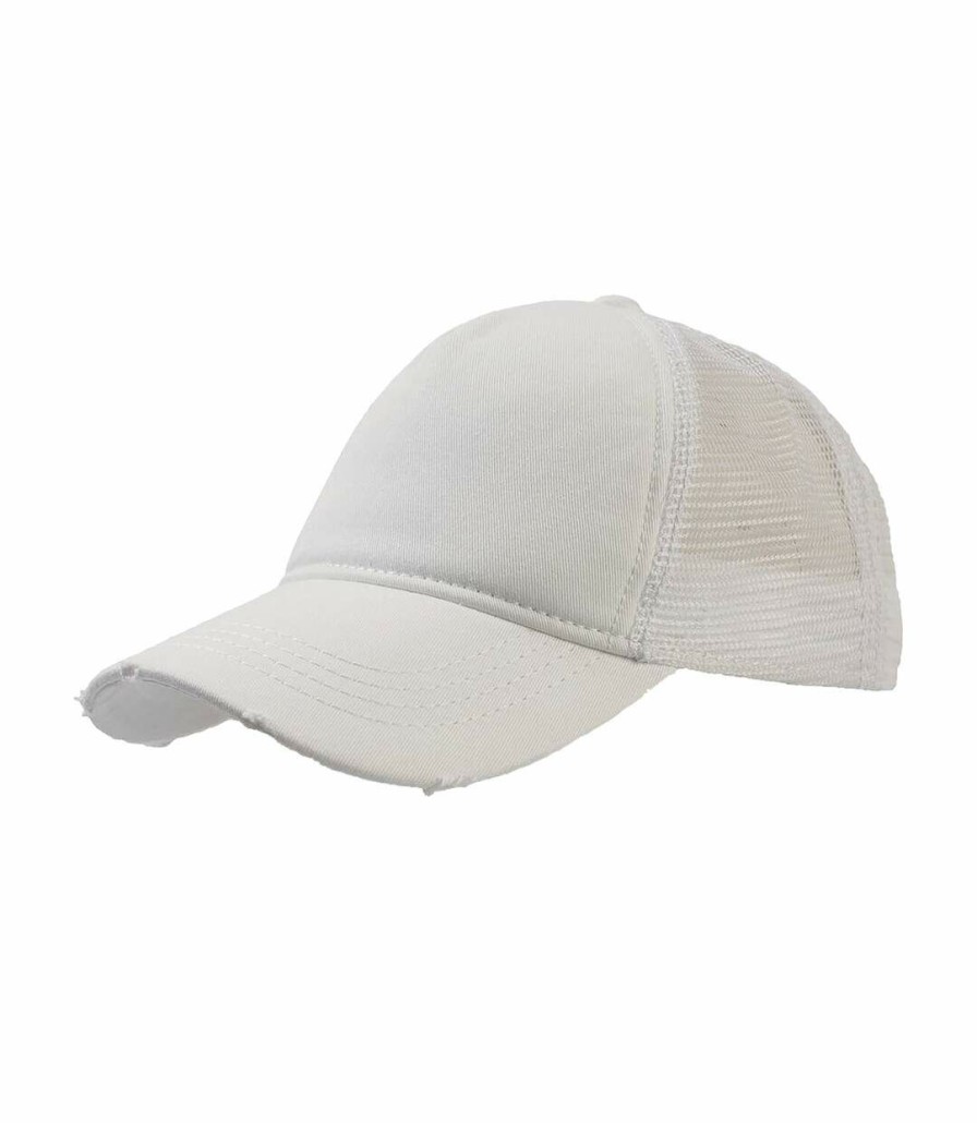 * Pertemba Best-Selling Atlantis Rapper Destroyed 5 Panel Weathered Trucker Cap (Pack Of 2) (White/White) Utab419 Hot