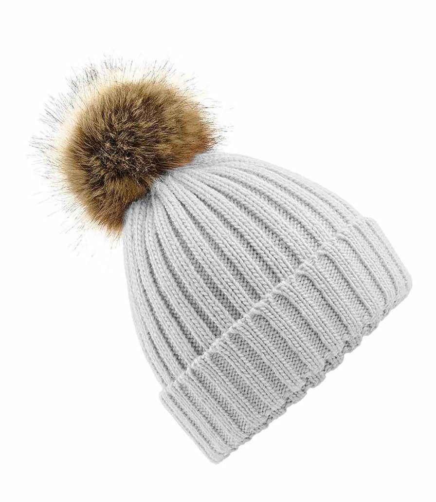 * Pertemba Online Beechfield Infants Fur Pom Pom Chunky Beanie (Light Grey) Utpc3362 New